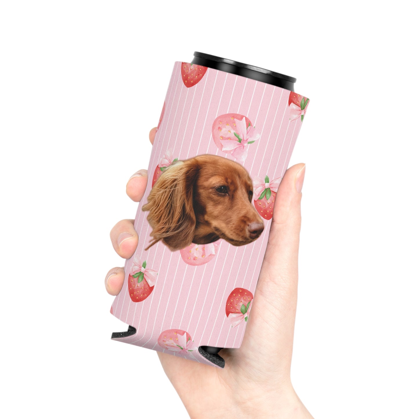 Strawberry Coquette Stripes Custom Can Cooler Coozie