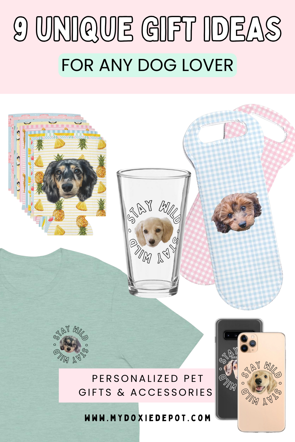 Personalized pet gifts from My Doxie Depot - custom can coolers, glassware, apparel, and accessories for dog lovers