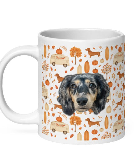 White Glossy Mug - Dachshund Harvest Road Trip – Fall Festival Print