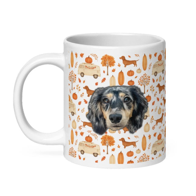 White Glossy Mug - Dachshund Harvest Road Trip – Fall Festival Print