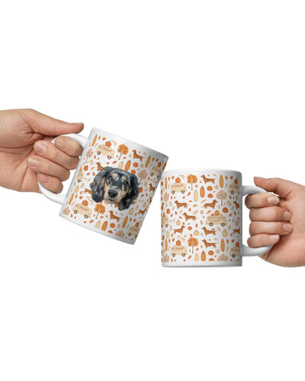 White Glossy Mug - Dachshund Harvest Road Trip – Fall Festival Print