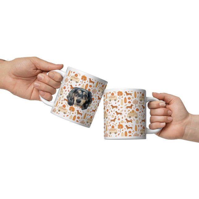 White Glossy Mug - Dachshund Harvest Road Trip – Fall Festival Print
