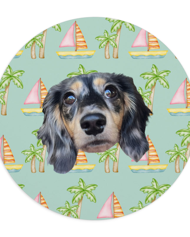 Seafoam mouse pad with pink sailboats and green palm trees, personalized with a simple portrait of your pet's face by My Doxie Depot