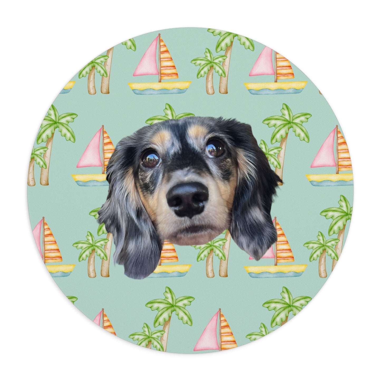 Seafoam mouse pad with pink sailboats and green palm trees, personalized with a simple portrait of your pet's face by My Doxie Depot