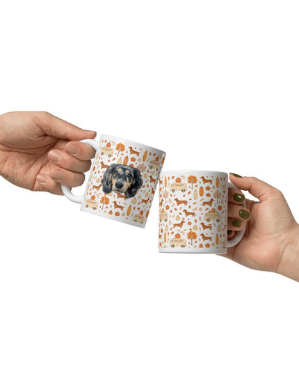 White Glossy Mug - Dachshund Harvest Road Trip – Fall Festival Print