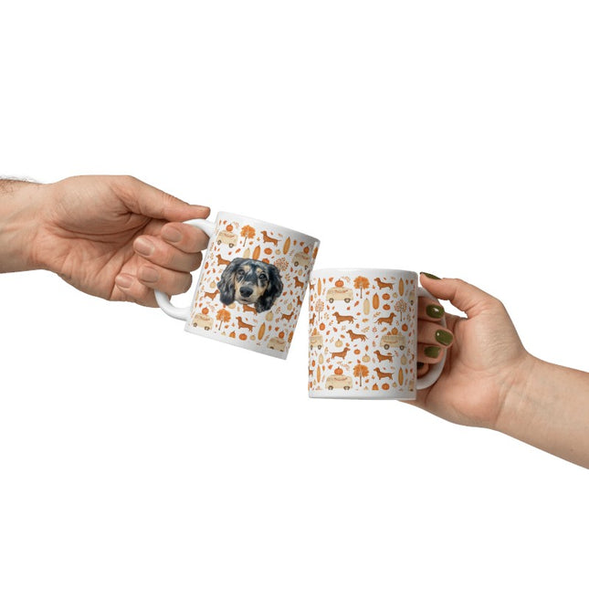 White Glossy Mug - Dachshund Harvest Road Trip – Fall Festival Print