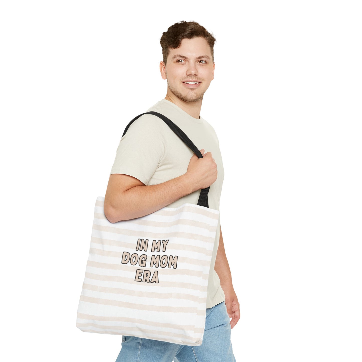 'In My Dog Mom' Era Striped Beige Tote Bag