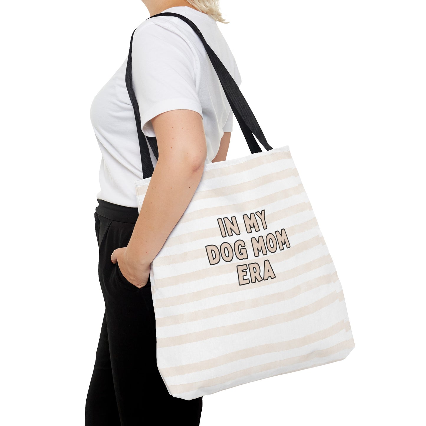 'In My Dog Mom' Era Striped Beige Tote Bag