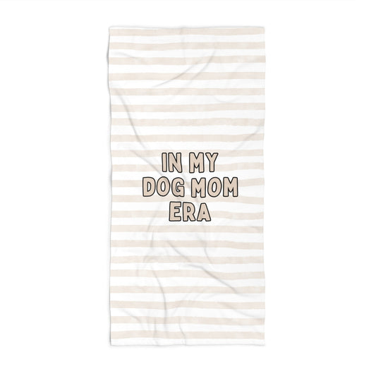 'Dog Mom Era' Beige Striped Beach Towel