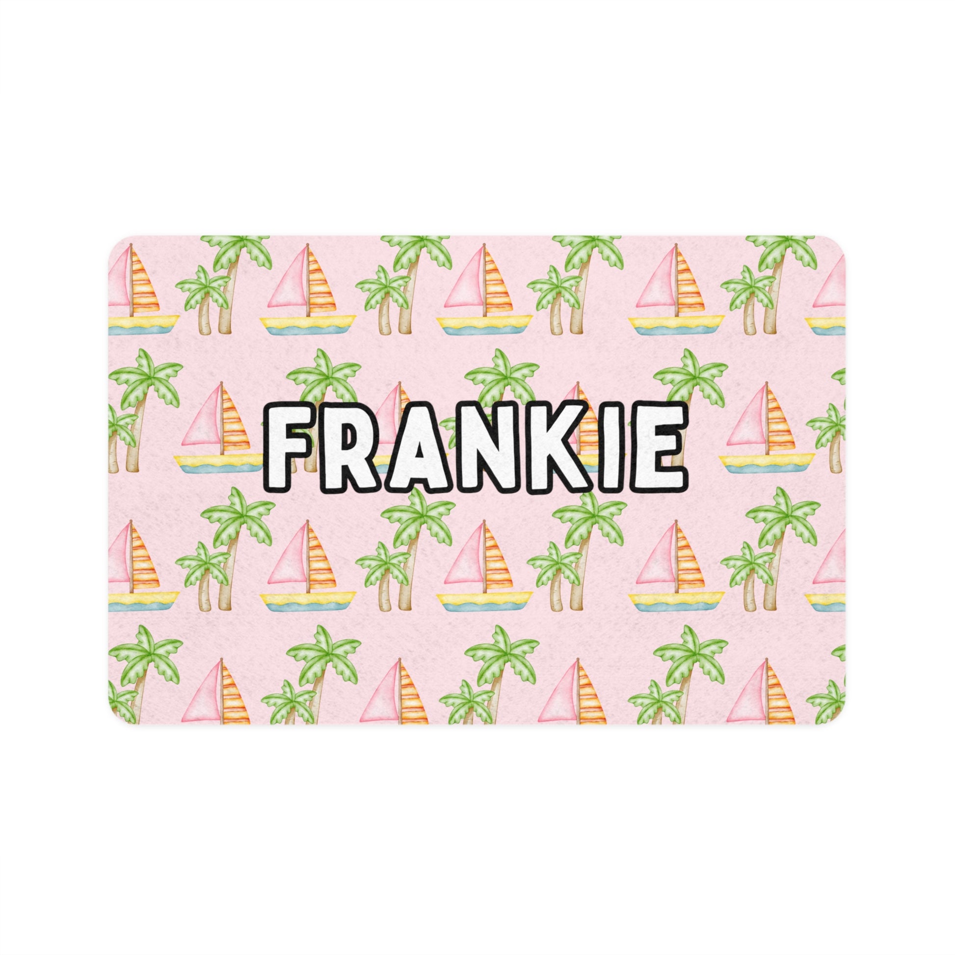 Pink pet food mat with sailboats and palm trees, customizable with pet's name, exclusively by My Doxie Depot.