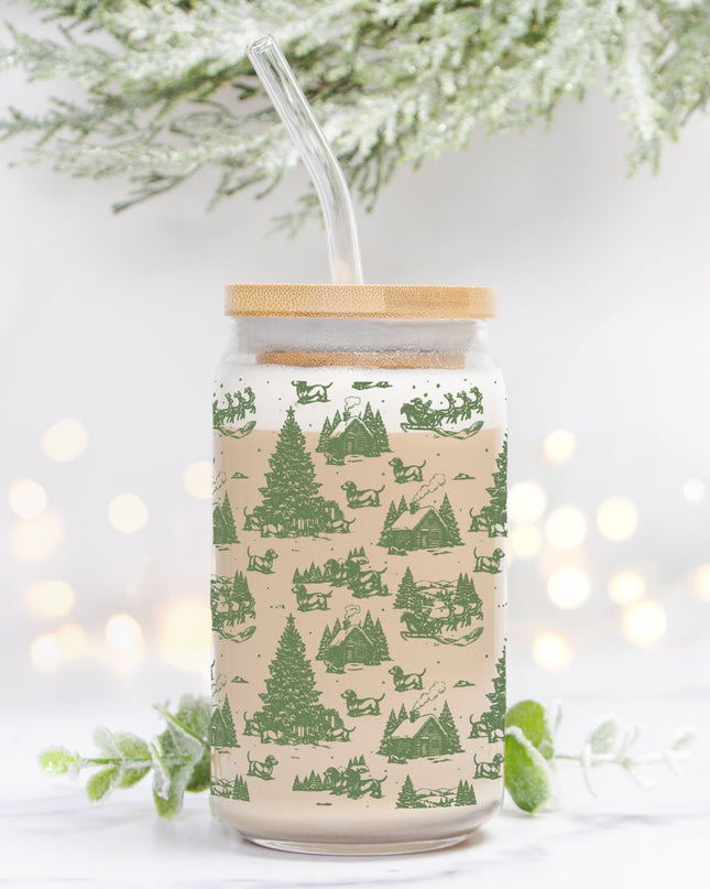 Can Shaped Glass  - Christmas Doxie Toile