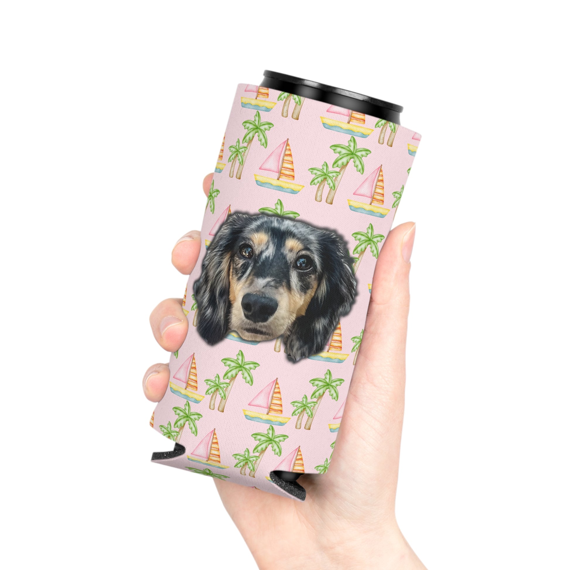 Personalized pink koozie with pink sailboats and green palm trees, available in regular and slim sizes, exclusively at My Doxie Depot