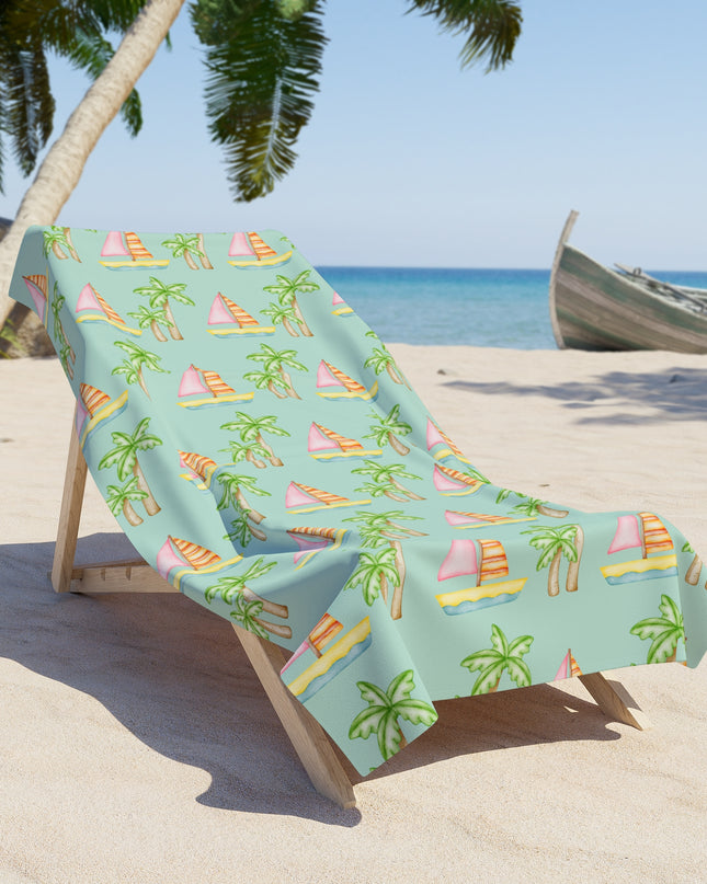 Customizable seafoam beach towel featuring pink sailboats, green palm trees, and your pet’s face with 'Stay Wild,' available in regular and oversized sizes.
