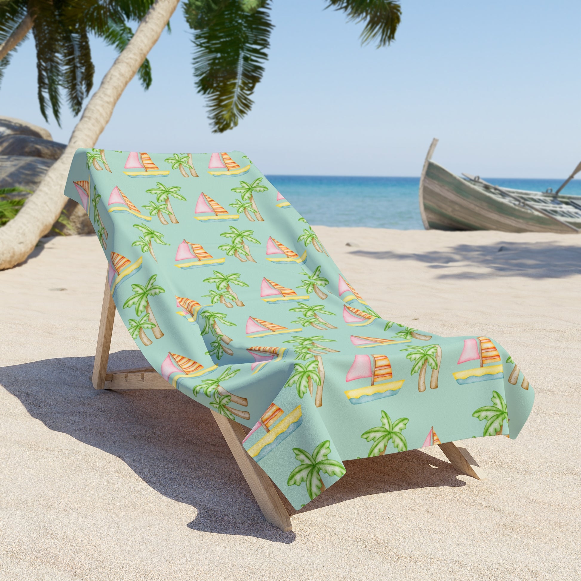 Customizable seafoam beach towel featuring pink sailboats, green palm trees, and your pet’s face with 'Stay Wild,' available in regular and oversized sizes.