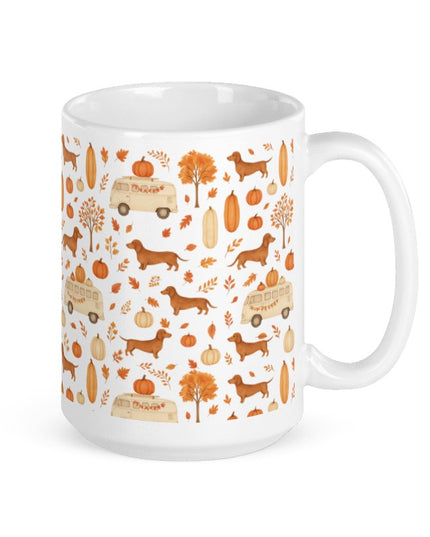 White Glossy Mug - Dachshund Harvest Road Trip – Fall Festival Print