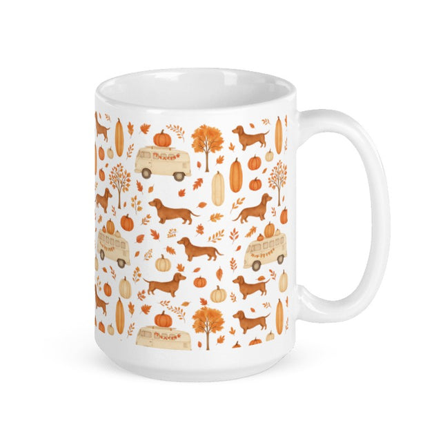 White Glossy Mug - Dachshund Harvest Road Trip – Fall Festival Print