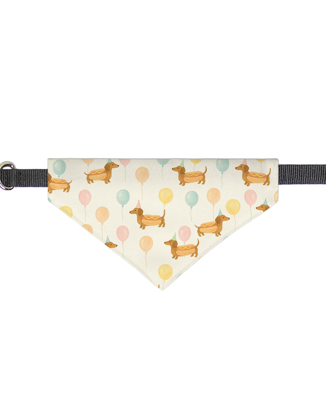 Dog bandana with dachshund design and colorful balloons on a white background