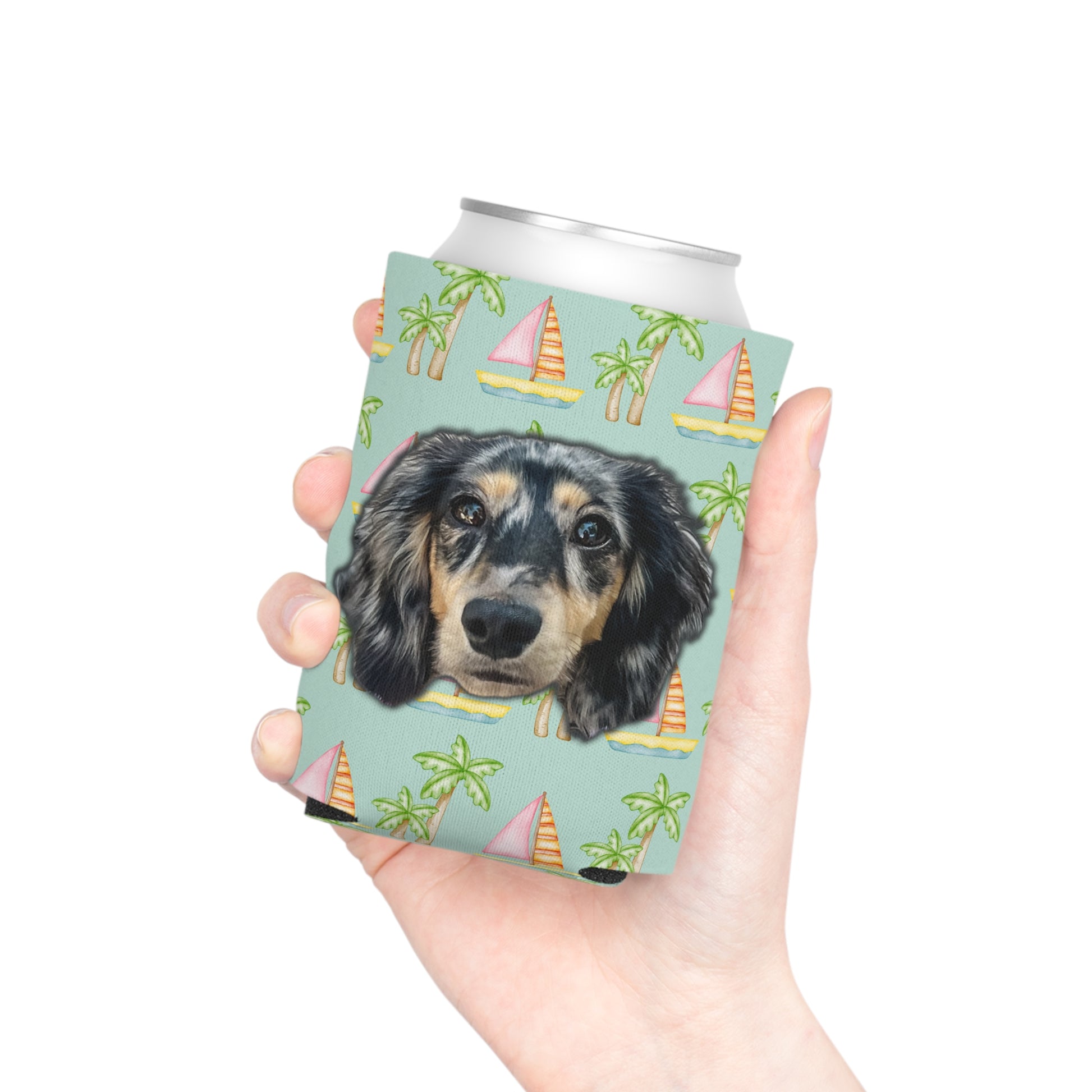 Customizable seafoam can cooler featuring pink sailboats and green palm trees, perfect for dog lovers, two sizes available by My Doxie Depot