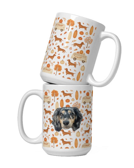 White Glossy Mug - Dachshund Harvest Road Trip – Fall Festival Print