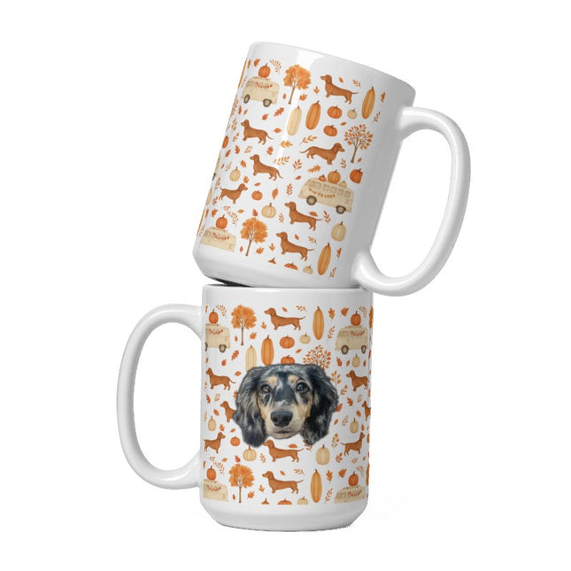White Glossy Mug - Dachshund Harvest Road Trip – Fall Festival Print