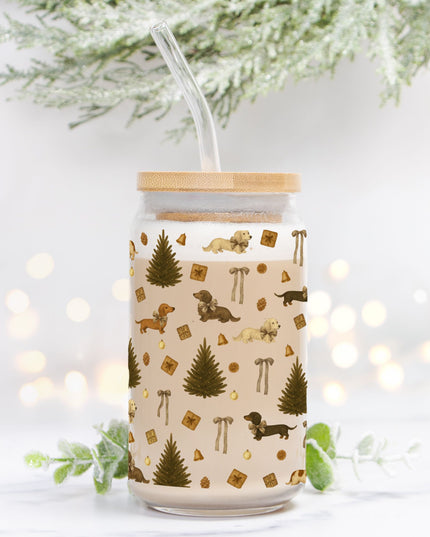Can Shaped Glass  - Rustic Dachshund Coquette Christmas