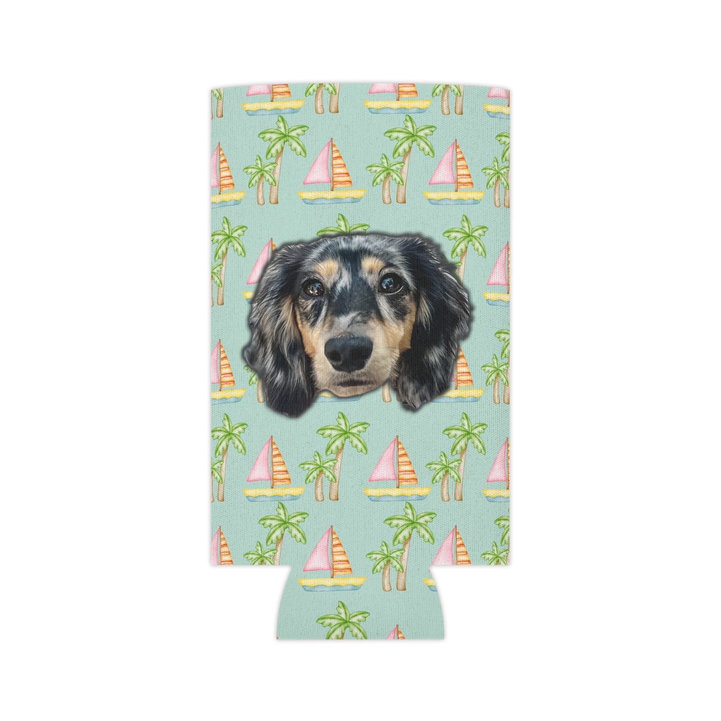 Seafoam background can cooler with pink sailboats and green palm trees, personalized with a pet's face, available in regular and slim sizes