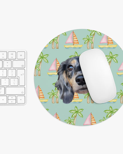 Seafoam mouse pad with pink sailboats and green palm trees, personalized with a simple portrait of your pet's face by My Doxie Depot