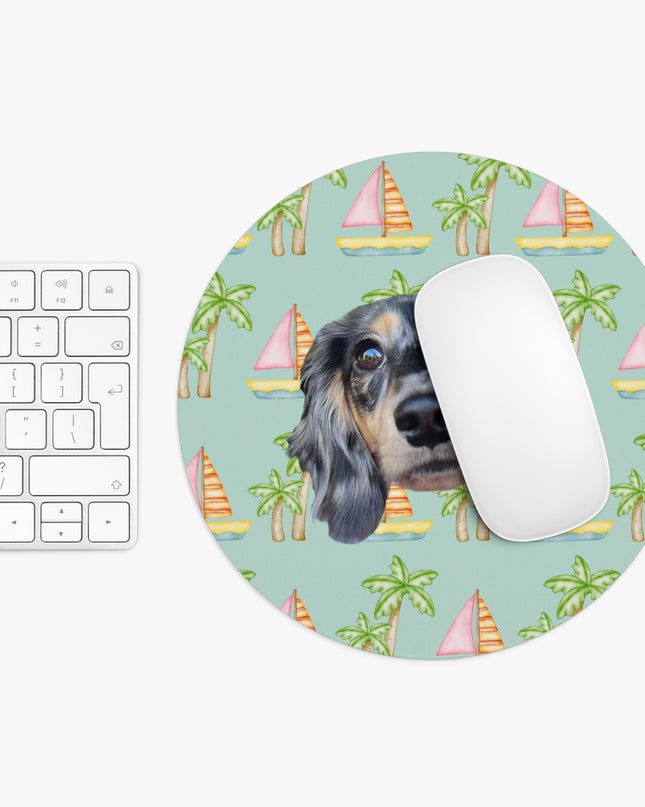 Seafoam mouse pad with pink sailboats and green palm trees, personalized with a simple portrait of your pet's face by My Doxie Depot