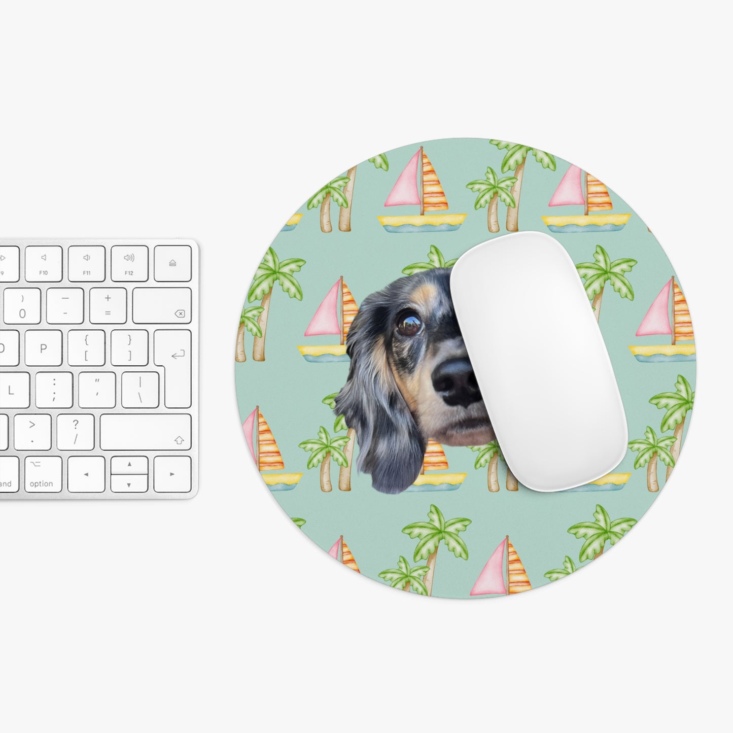 Seafoam mouse pad with pink sailboats and green palm trees, personalized with a simple portrait of your pet's face by My Doxie Depot