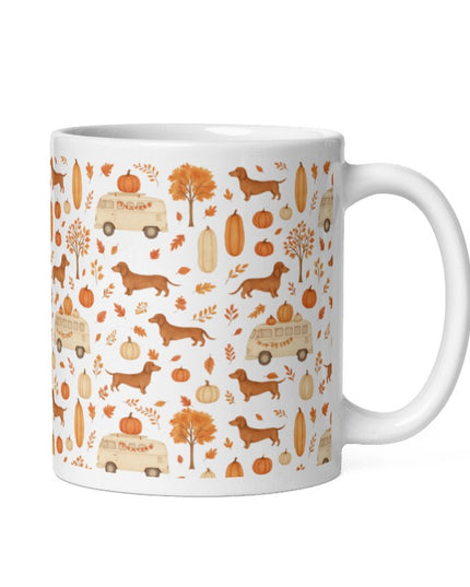 White Glossy Mug - Dachshund Harvest Road Trip – Fall Festival Print