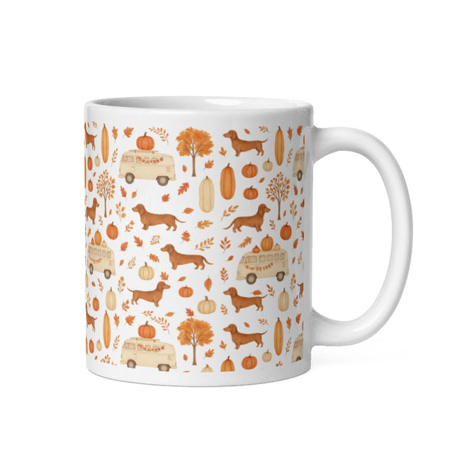 White Glossy Mug - Dachshund Harvest Road Trip – Fall Festival Print