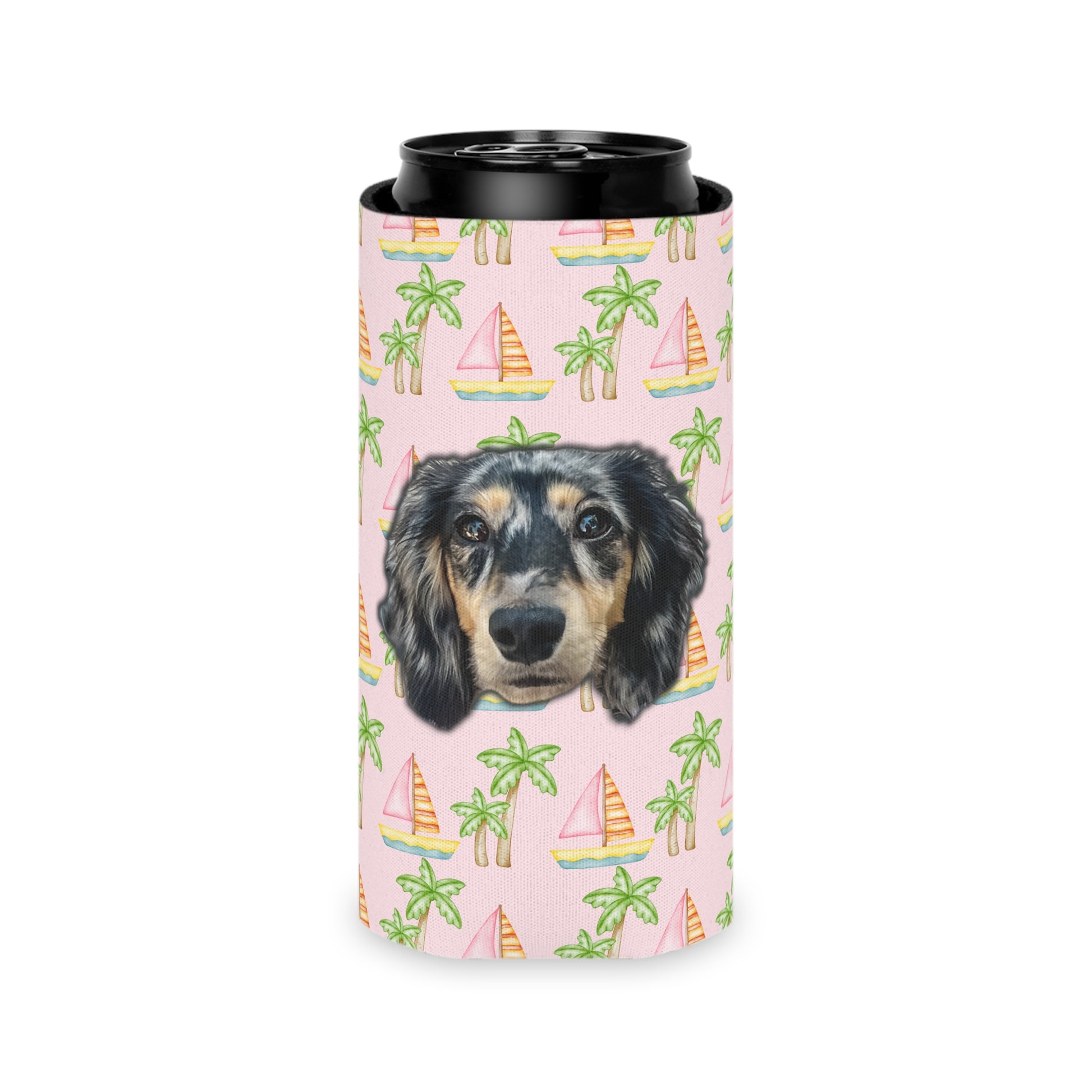 Customizable pink can cooler featuring pink sailboats and green palm trees, perfect for dog lovers, two sizes available by My Doxie Depot