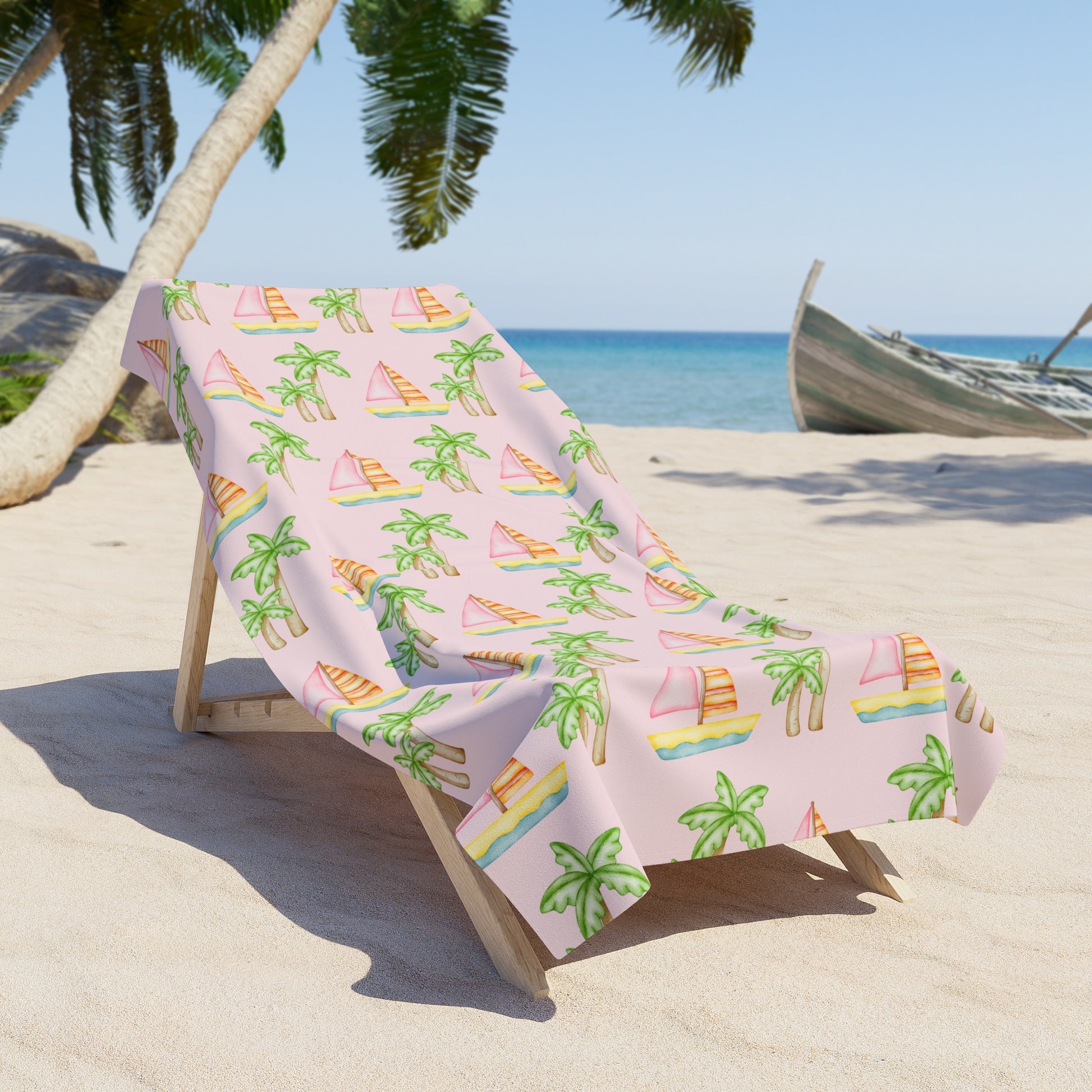 Customizable pink beach towel featuring pink sailboats, green palm trees, and your pet’s face with 'Stay Wild,' available in regular and oversized sizes.