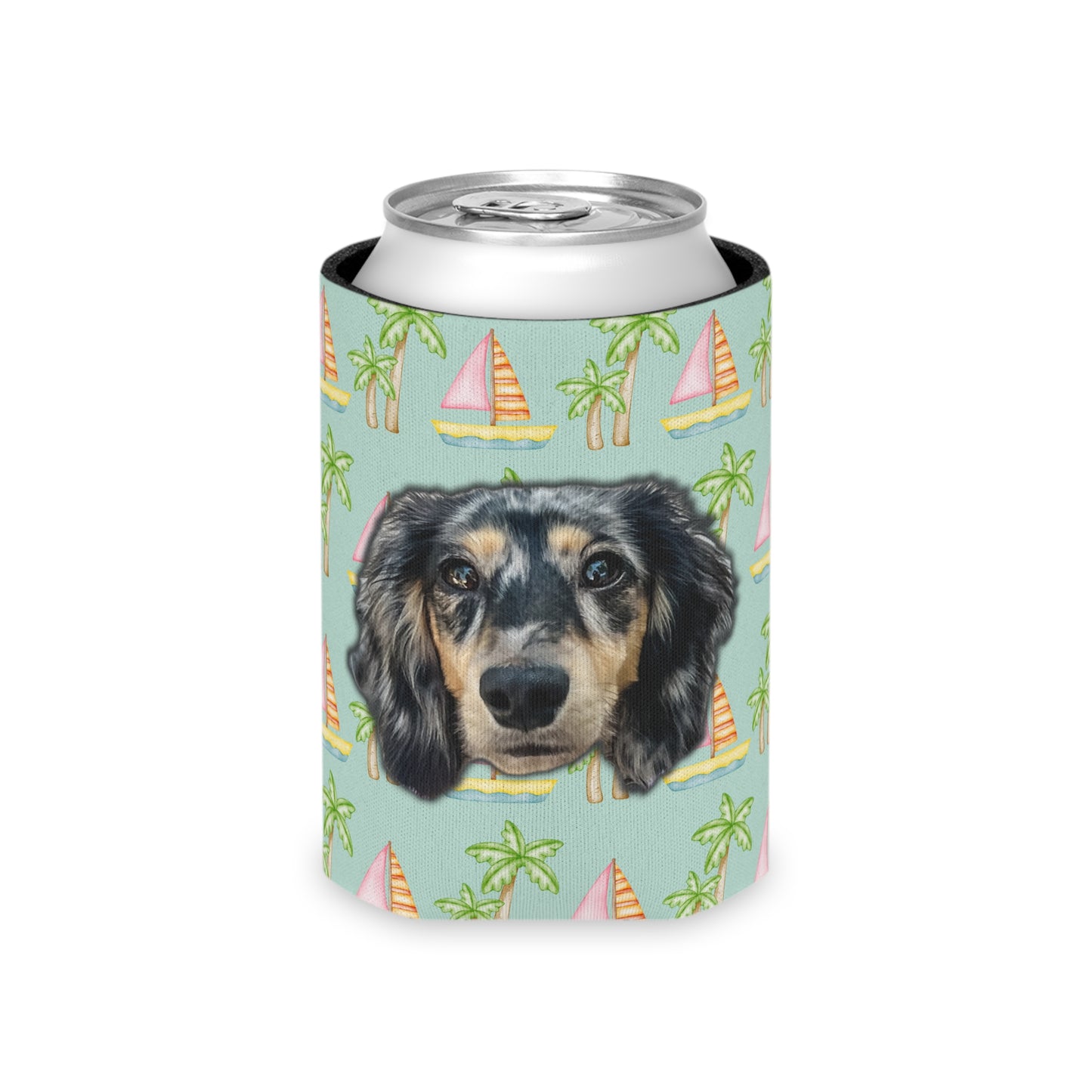 Personalized seafoam koozie with pink sailboats and green palm trees, available in regular and slim sizes, exclusively at My Doxie Depot