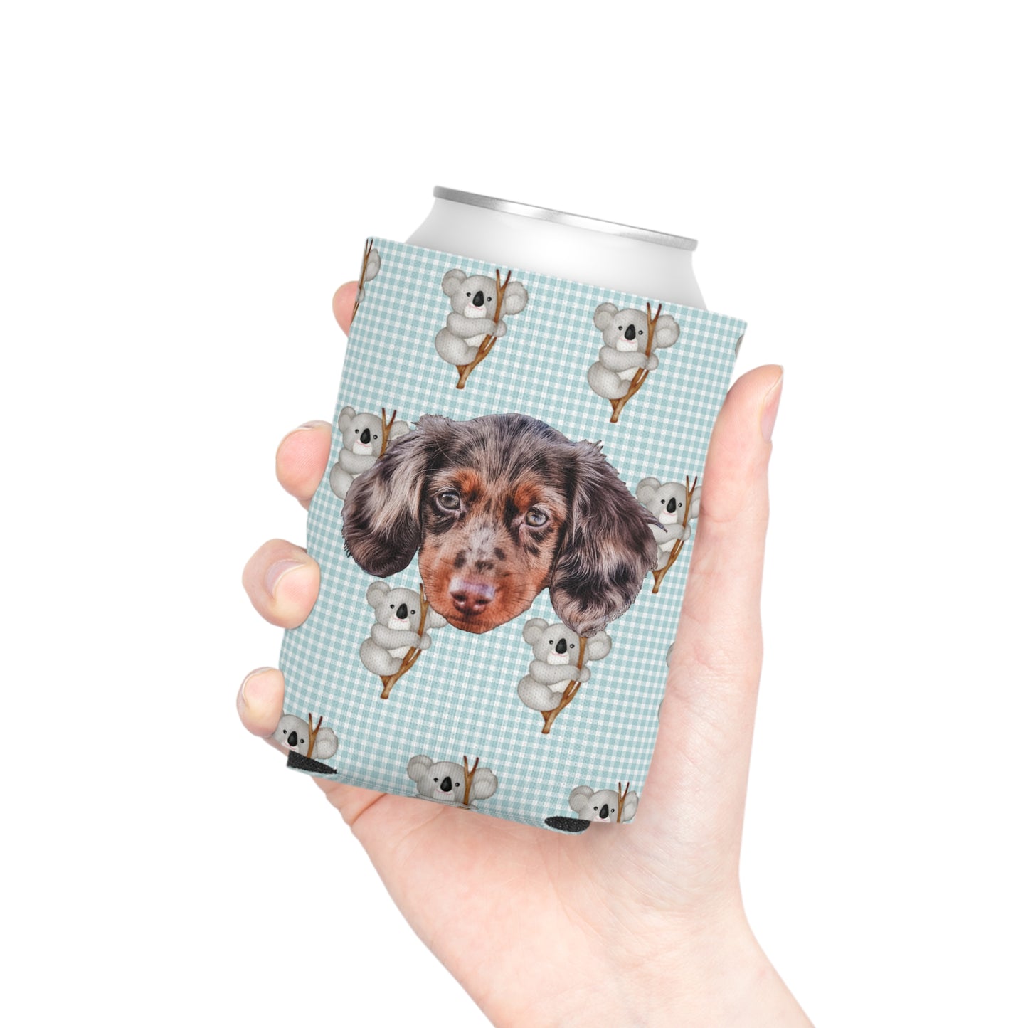 Gingham Cozy Koala Custom Can Cooler Coozie