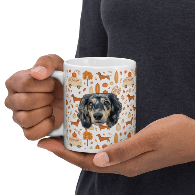 White Glossy Mug - Dachshund Harvest Road Trip – Fall Festival Print