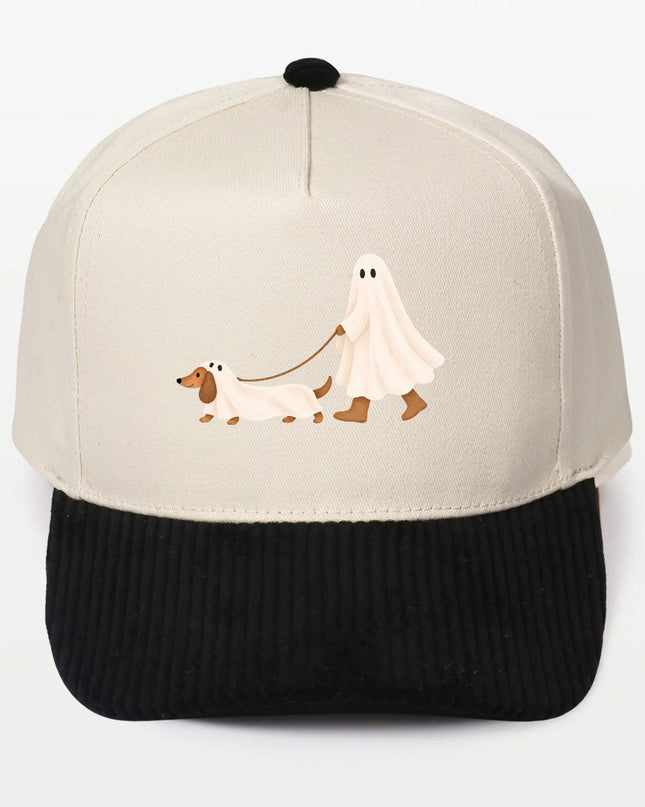 Ghost Walking A Dachshund Halloween Corduroy Brim 5 Panel Baseball Cap