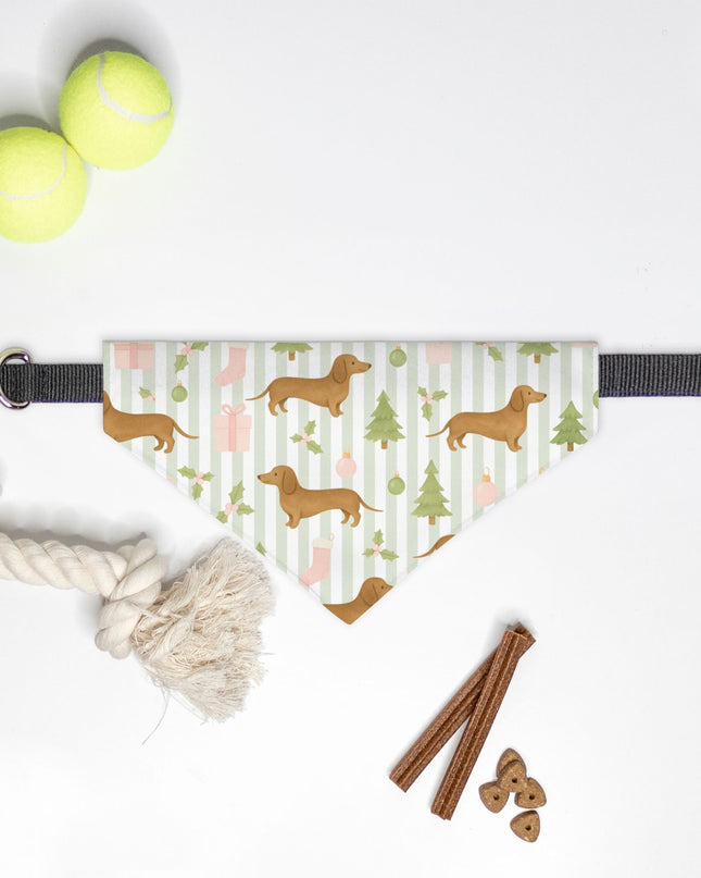 On Collar Pet Bandana  - Pink & Pastel Dachshund Holiday Stripes