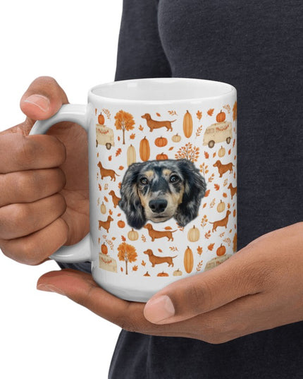 White Glossy Mug - Dachshund Harvest Road Trip – Fall Festival Print