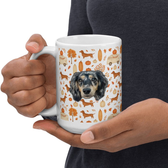 White Glossy Mug - Dachshund Harvest Road Trip – Fall Festival Print