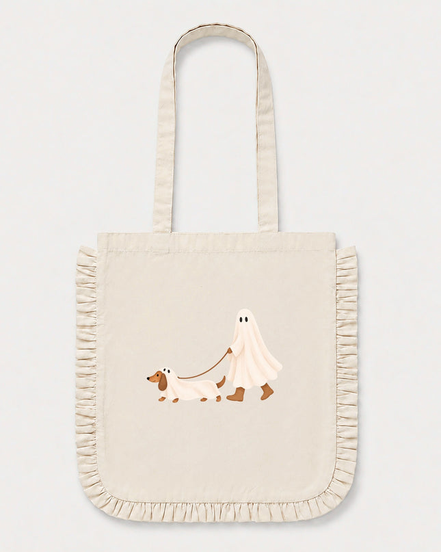 Ghost Walking A Dachshund Ruffle Edge Tote Bag