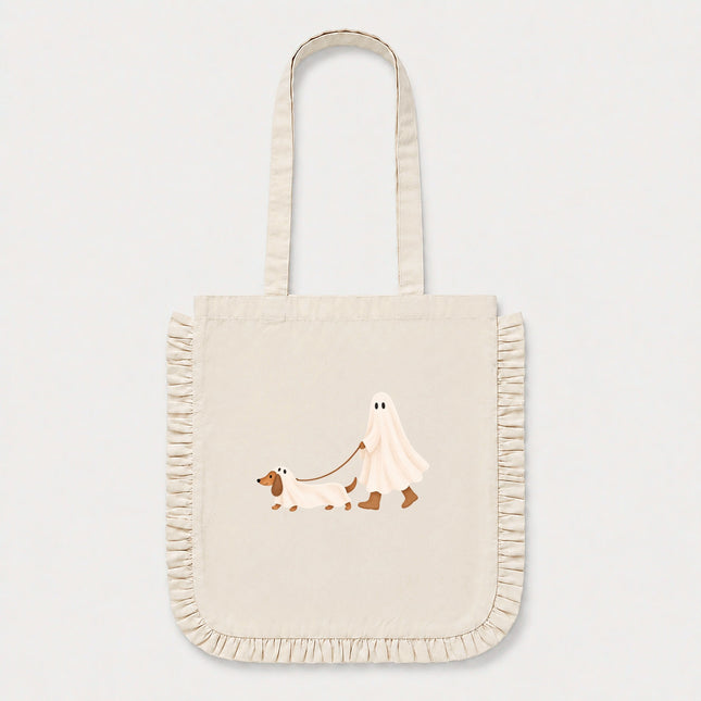 Ghost Walking A Dachshund Ruffle Edge Tote Bag