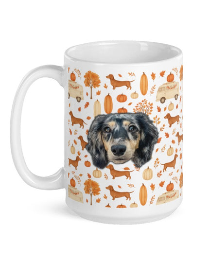 White Glossy Mug - Dachshund Harvest Road Trip – Fall Festival Print