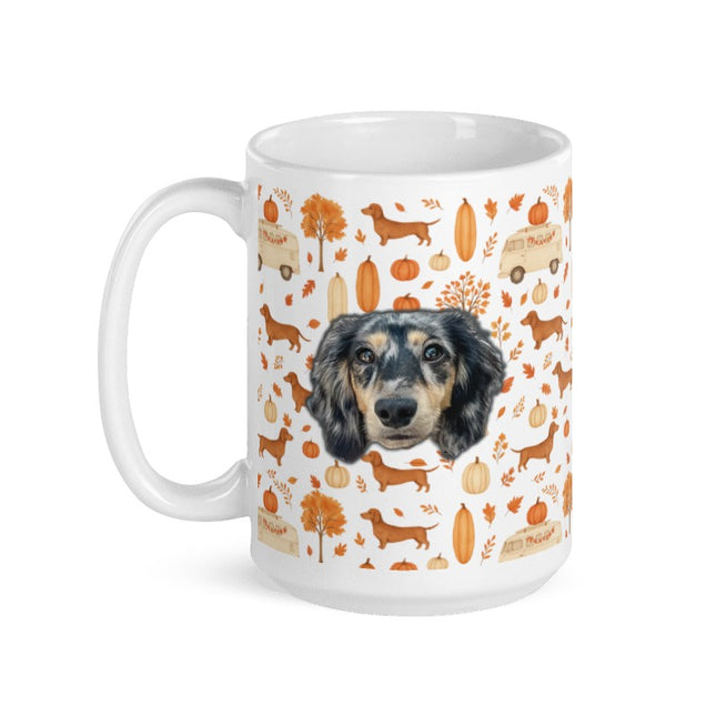 White Glossy Mug - Dachshund Harvest Road Trip – Fall Festival Print