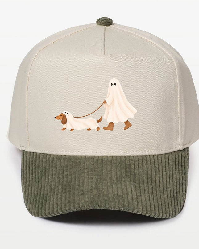 Ghost Walking A Dachshund Halloween Corduroy Brim 5 Panel Baseball Cap