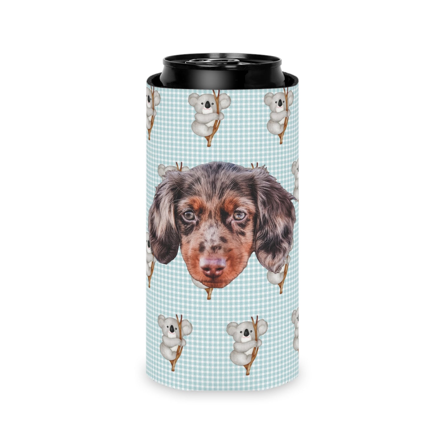 Gingham Cozy Koala Custom Can Cooler Coozie