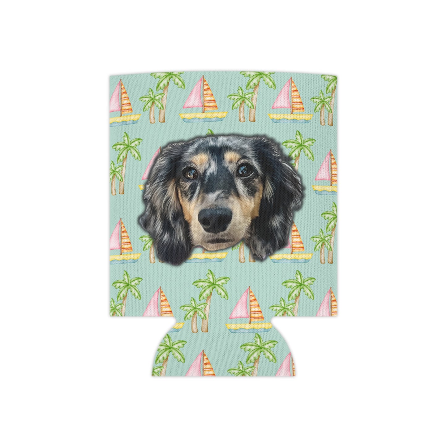 Seafoam background can cooler coozie with pink sailboats and green palm trees, personalized with a pet's face, available in regular and slim sizes by My Doxie Depot