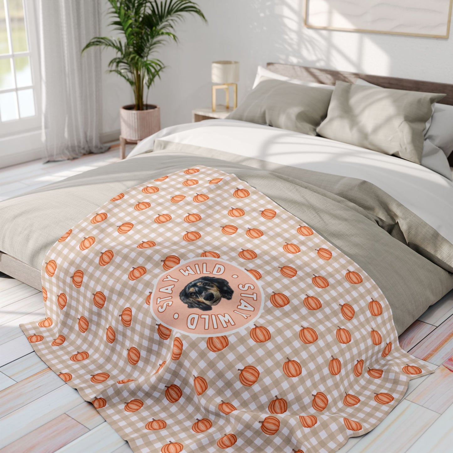 Taupe Gingham Pumpkin Party Custom Blanket