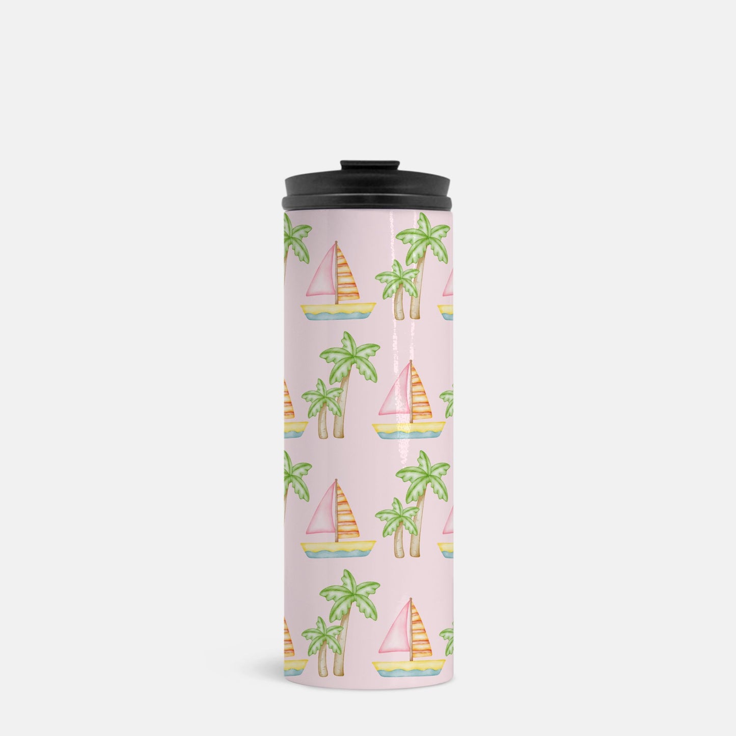 Customizable pink thermal tumbler featuring pink sailboats, green palm trees, and your pet’s face portrait, 16 oz, perfect for hot or cold drinks.