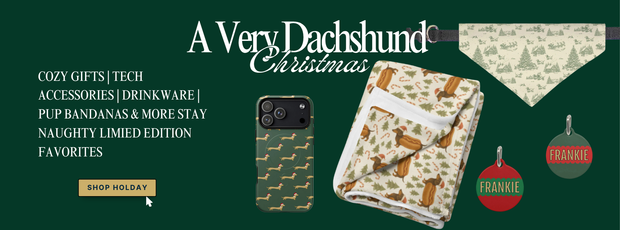 Promotional banner for 'A Very Dachshund Christmas' with products and text on a green background.